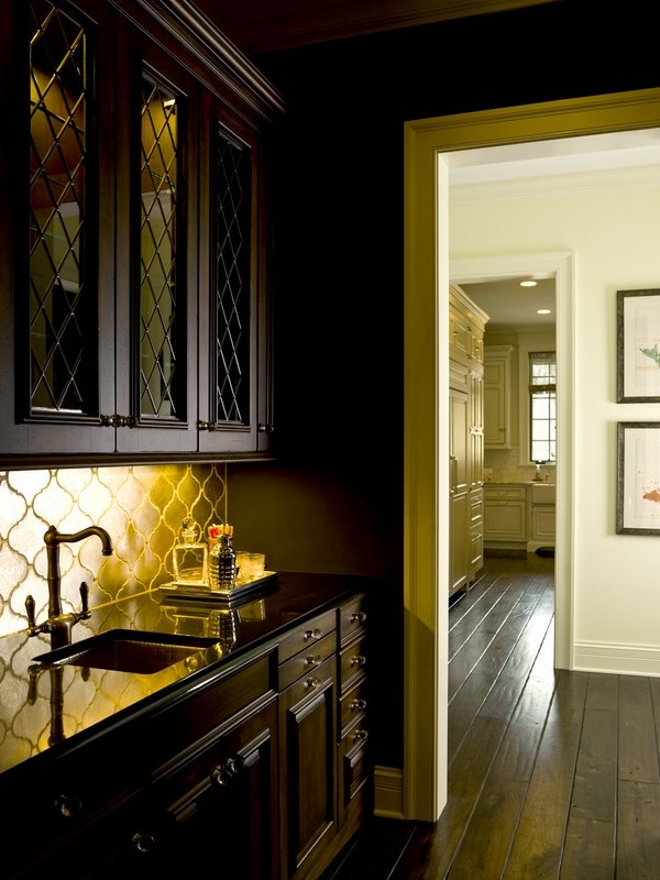 butlers pantry design ideas dark wood cabinets moroccan tile backsplash