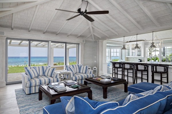 coastal decor ideas beach style living room striped armchairs upholstery