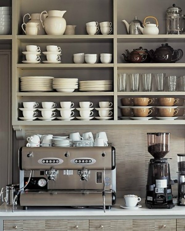coffee bar ideas open shelves machine mugs