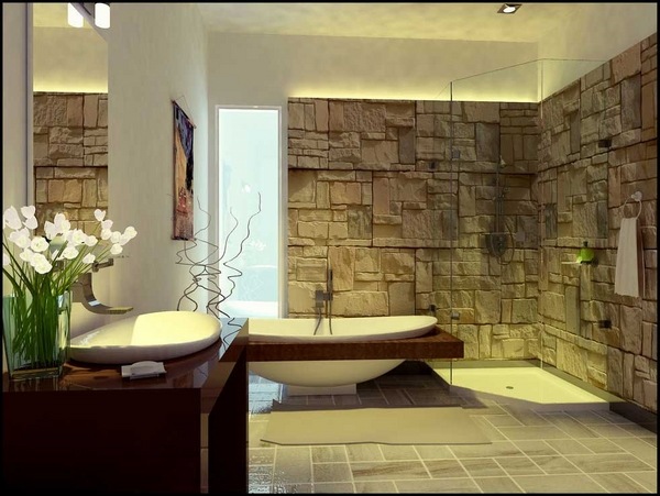 contemporary bathroom decorating ideas stone walls glass walk in shower 