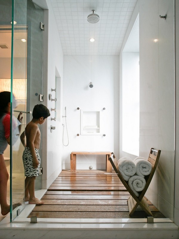 contemporary bathroom design teak shower bench teak flooring