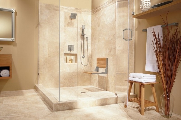 bathroom ideas neutral colors walk in shower teak wood bench