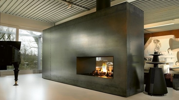 contemporary double sided fireplace design accent wall 