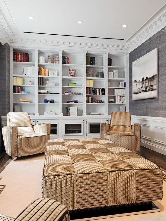 contemporary-living-room-design-brown-and-gray-living-room-interior-white-bookshelf