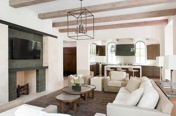 living room design fireplace faux beams neutral color scheme