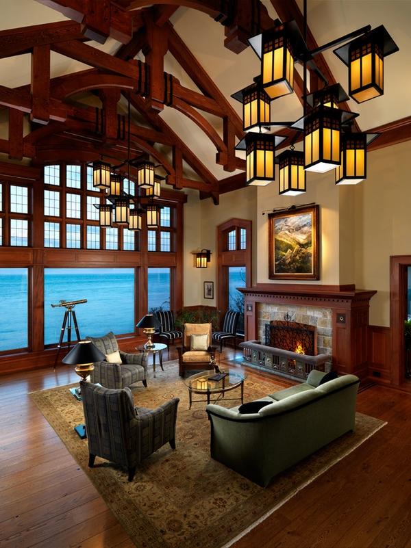 craftsman living room furniture ideas fireplace ceiling beams lanterns