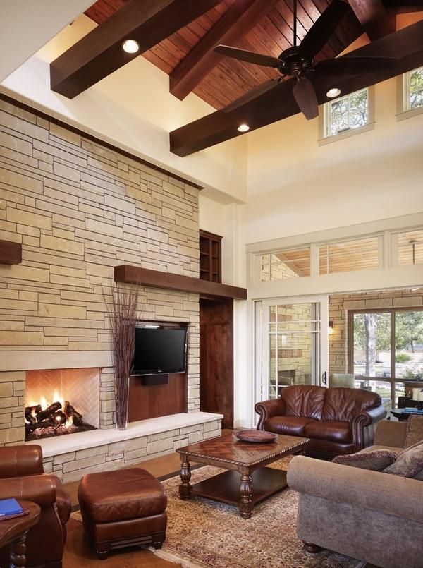 craftsman living room interior design stone fireplace leather sofa 