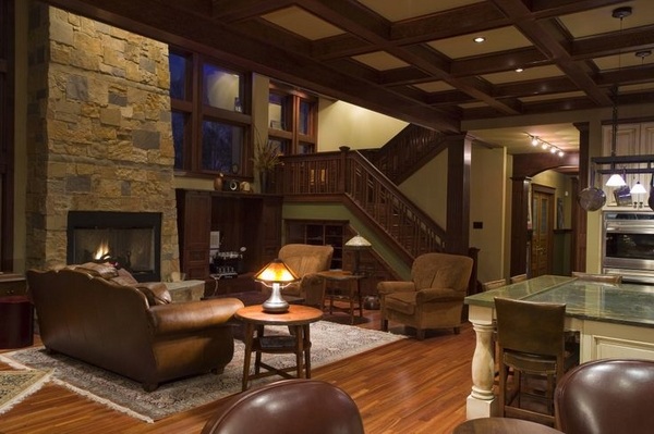 living room decor stone fireplace leather sofa