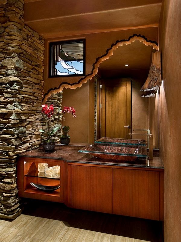decorative stone wall glass vessel sink powder room decor ideas