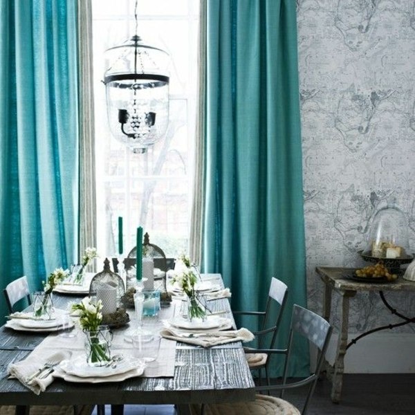 dining-room-furniture-ideas-turquoise-curtains-rustic-dining table