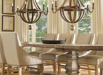 dining-room-lighting-ideas-solid-wood-dining-table-upholstered-chairs-wine-barrel-chandelier