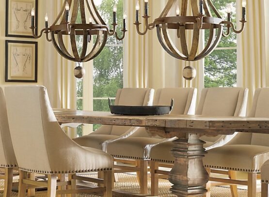 dining-room-lighting-ideas-solid-wood-dining-table-upholstered-chairs-wine-barrel-chandelier