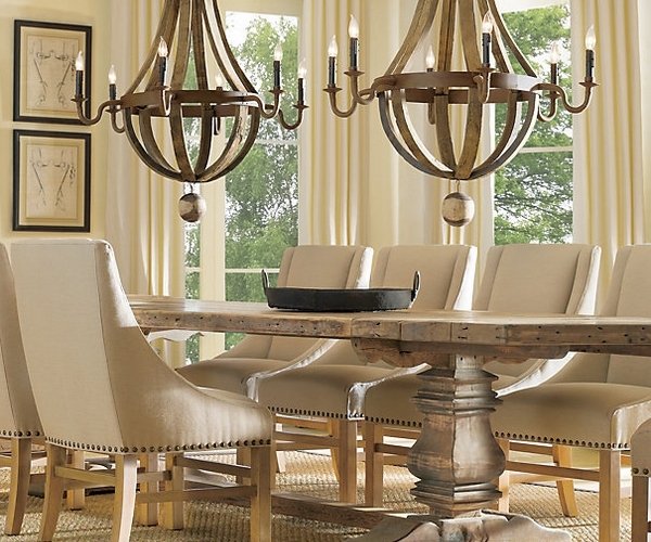 dining-room-lighting-ideas-solid-wood-dining-table-upholstered-chairs-wine-barrel-chandelier