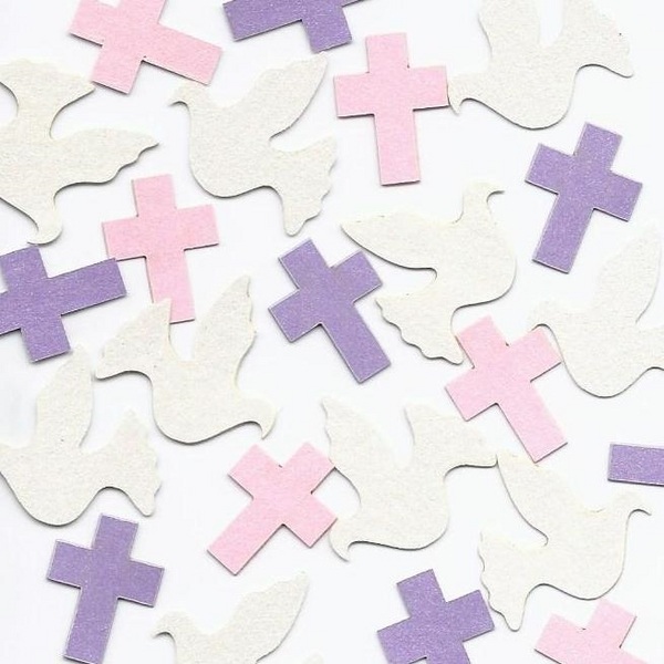 doves cross confetti christening table decoration blue pink purple