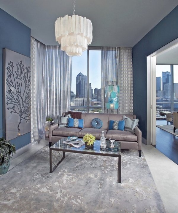elegant blue gray living room blue walls sofa and carpet