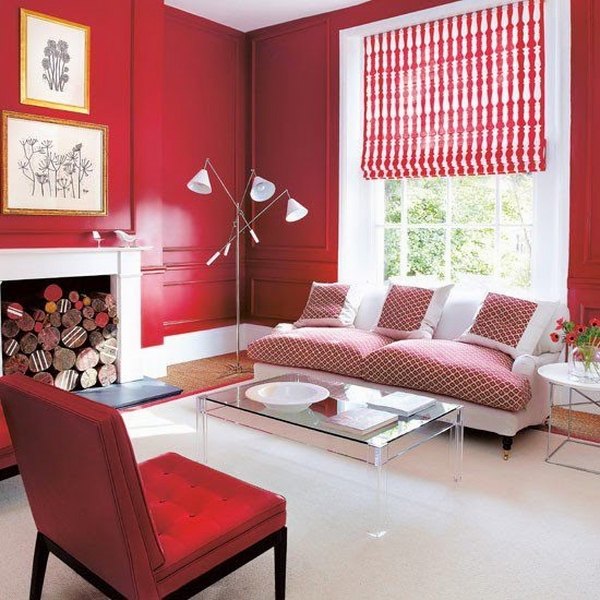 red wall color striped shade red white sofa