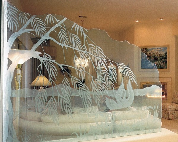 etched glass room divider swan lake living room decor