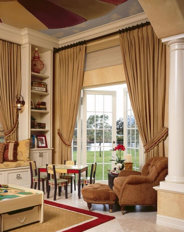 french door curtains ideas kids bedroom armchair tufted ottoman built in bookcase