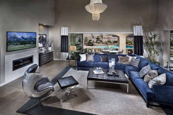and blue living interior design ideas gray wall color blue sofa