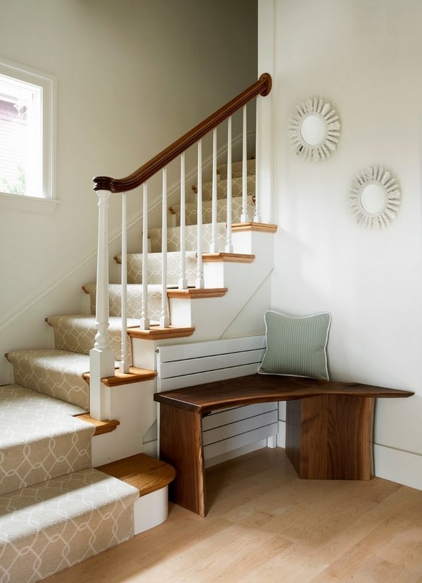 house entryway interior staircase newel post ideas corner bench