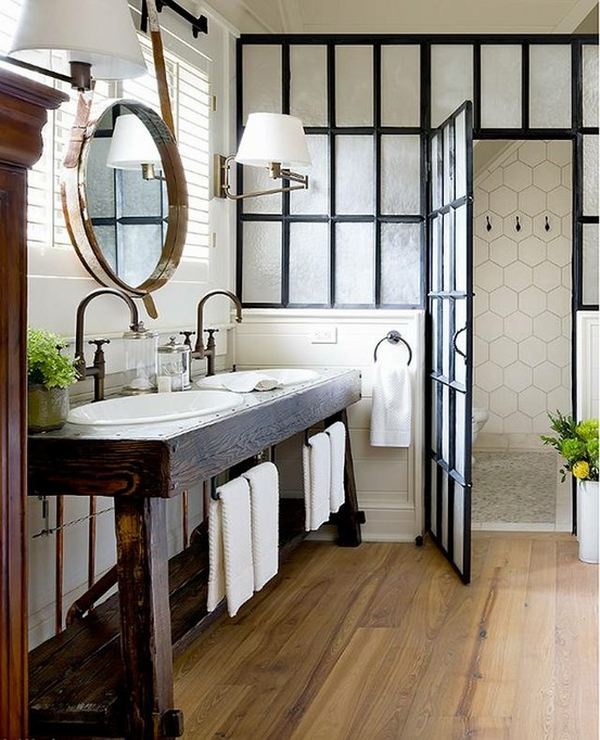 industrial style bathroom furniture ideas wood vanity counter round wall mirror exposed pipes