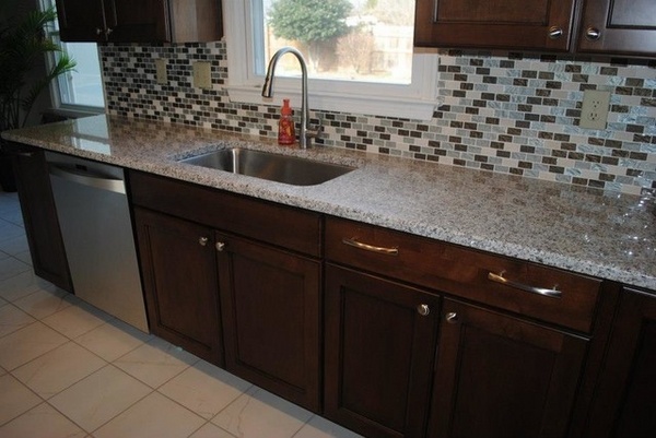 kitchen design luna pearl granite countertops dark wood cabinets glass tile backsplash