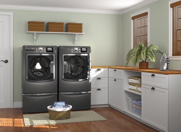laundry-room-cabinets-ideas storage bins open shelf wood flooring