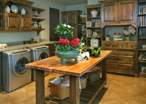 laundry-room-decor-ideas-rustic style cabinets solid wood table
