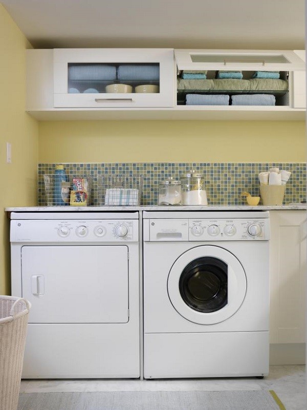 laundry room ideas modern cabinets tile backsplash 