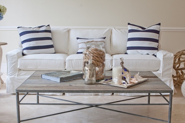 living room coastal decor ideas white sofa blue white striped pillows