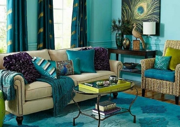 living room color scheme ideas beige sofa turquoise curtains