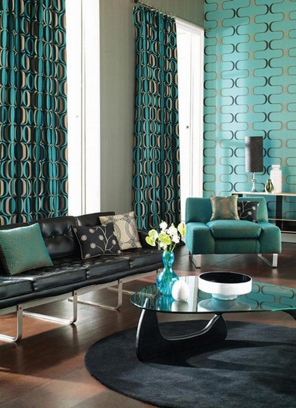 living-room-decor-ideas-turquoise-curtains-black-leather-sofa-black-carpet