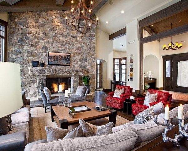 living rustic decor stone fireplace