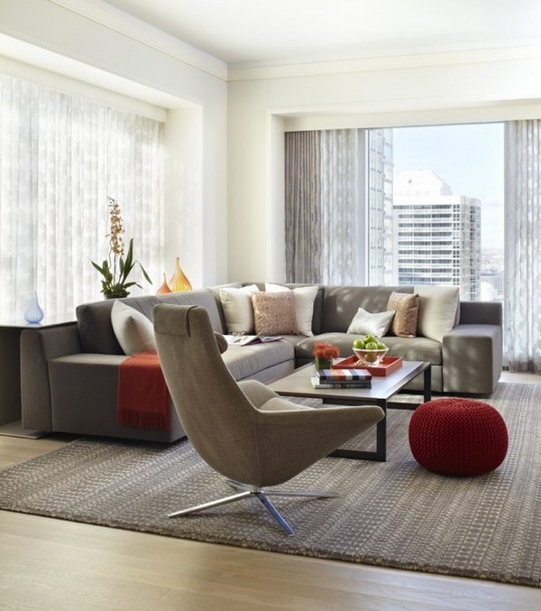 furniture ideas gray carpet armchair red pouf