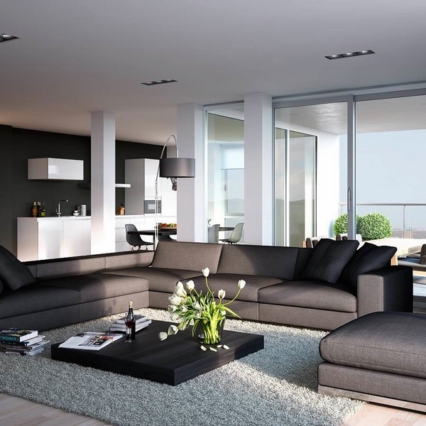 living-room-ideas-black-accent-wall-gray-carpet-anthracite-sofas-black-coffee-table