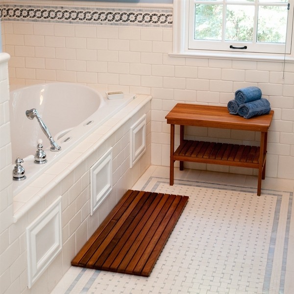 modern bathroom teak bench with shelf teak mat