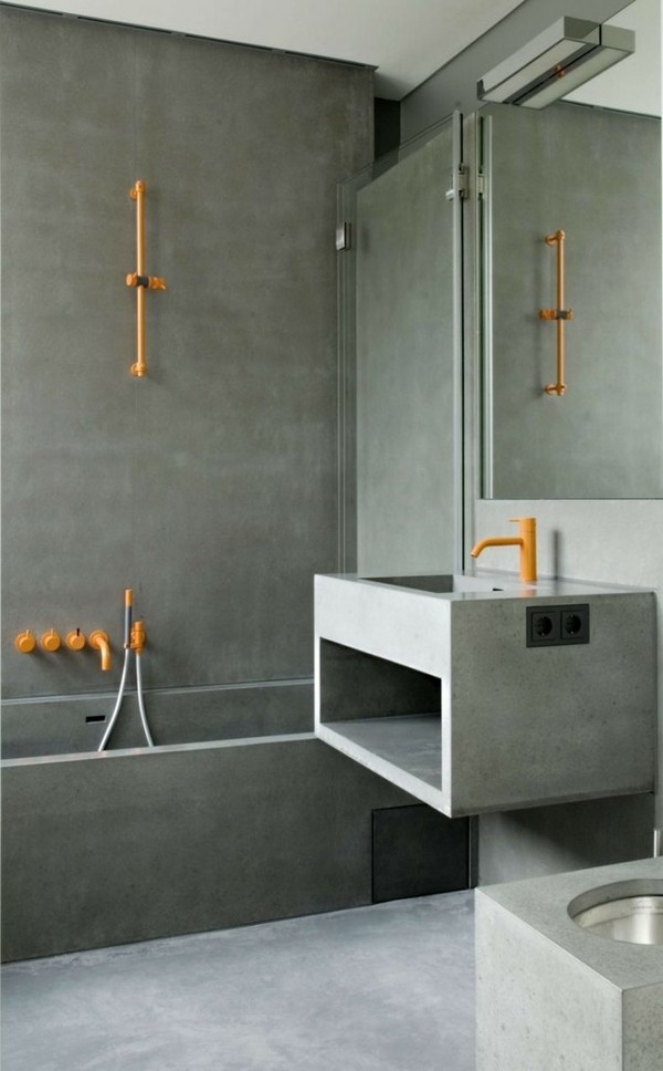 modern-bathroom-faucets-orange-color-concrete-wall 