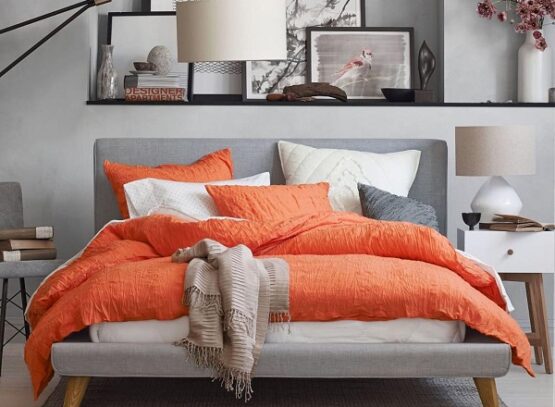 modern-bedroom-color-schemes-trendy-gray-color-orange-accents