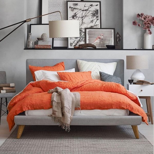 modern-bedroom-color-schemes-trendy-gray-color-orange-accents