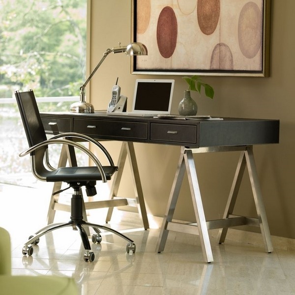 modern black sawhorse desk design ideas with drawers metal support leather chair
