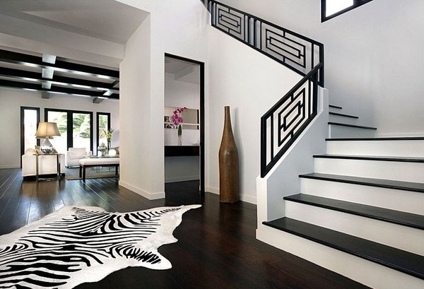 modern house entry black and white interior design animal print carpet