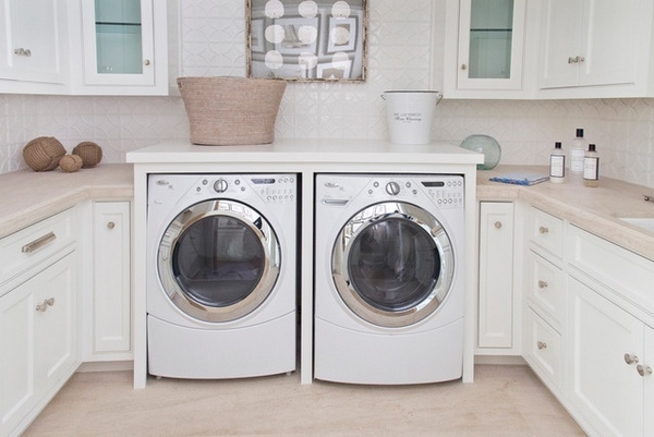 modern laundry room ideas built in washer dryer white cabinets tile backsplash