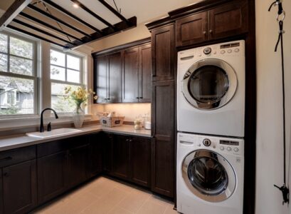 modern-laundry-room-ideas-dark-wood-cabinets-sink-countertops