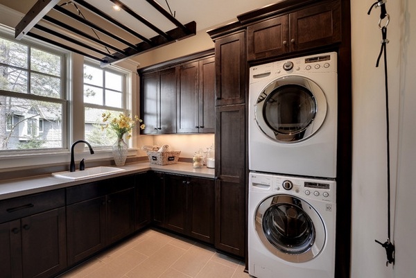 modern laundry room ideas dark wood cabinets sink countertops