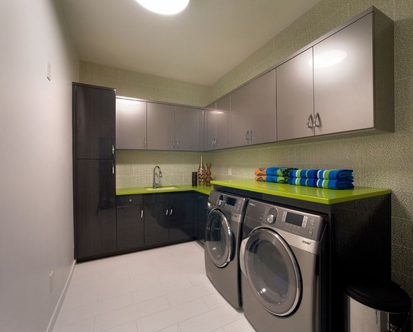 modern-laundry-room-ideas-laundry-room-cabinets-gloss finish green countertops