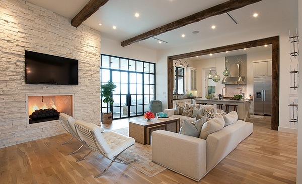 modern living room decor fireplace elegant furniture decorative beams