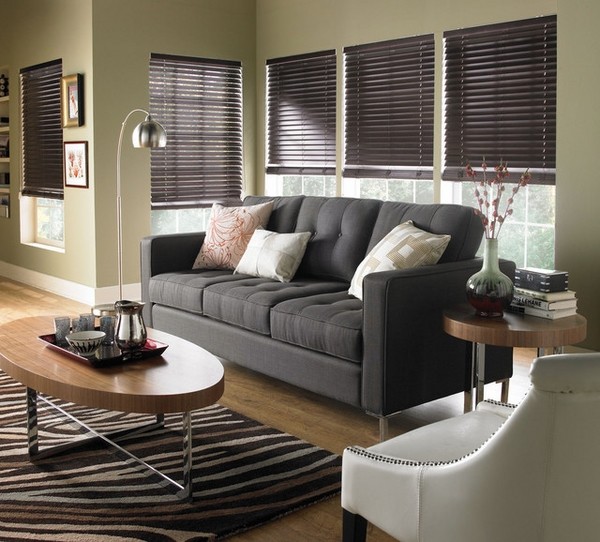 modern living room interior black sofa horizontal blinds 