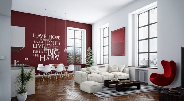 living room interior red white design white sofa coffee table chair