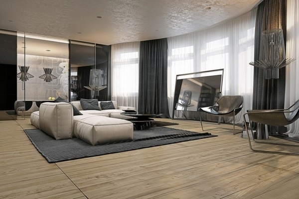 modern wood floor leather sofa gray color carpet curtains