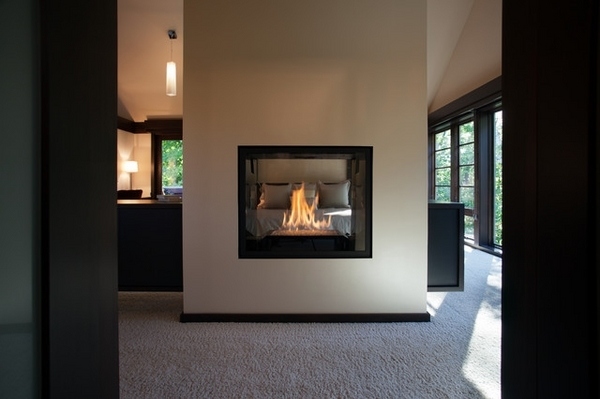 modern master bedroom  fireplace room divider